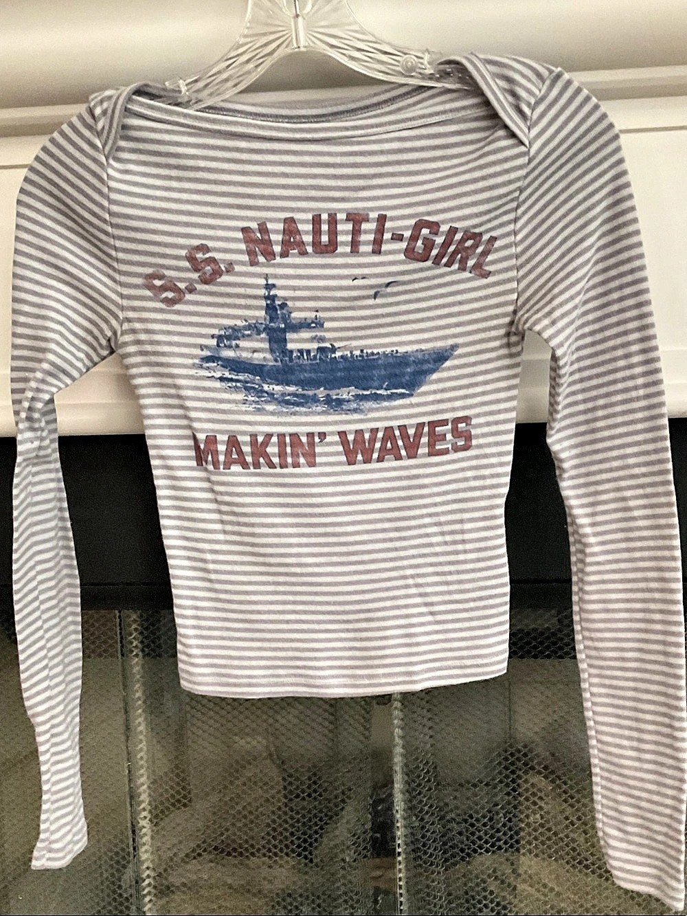 BDG Willow Nautical Stripe Long Sleeve Tee Gray & White XS